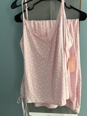STATE OF DAY soft pink white polka dot pajama set lace trim XL NWT